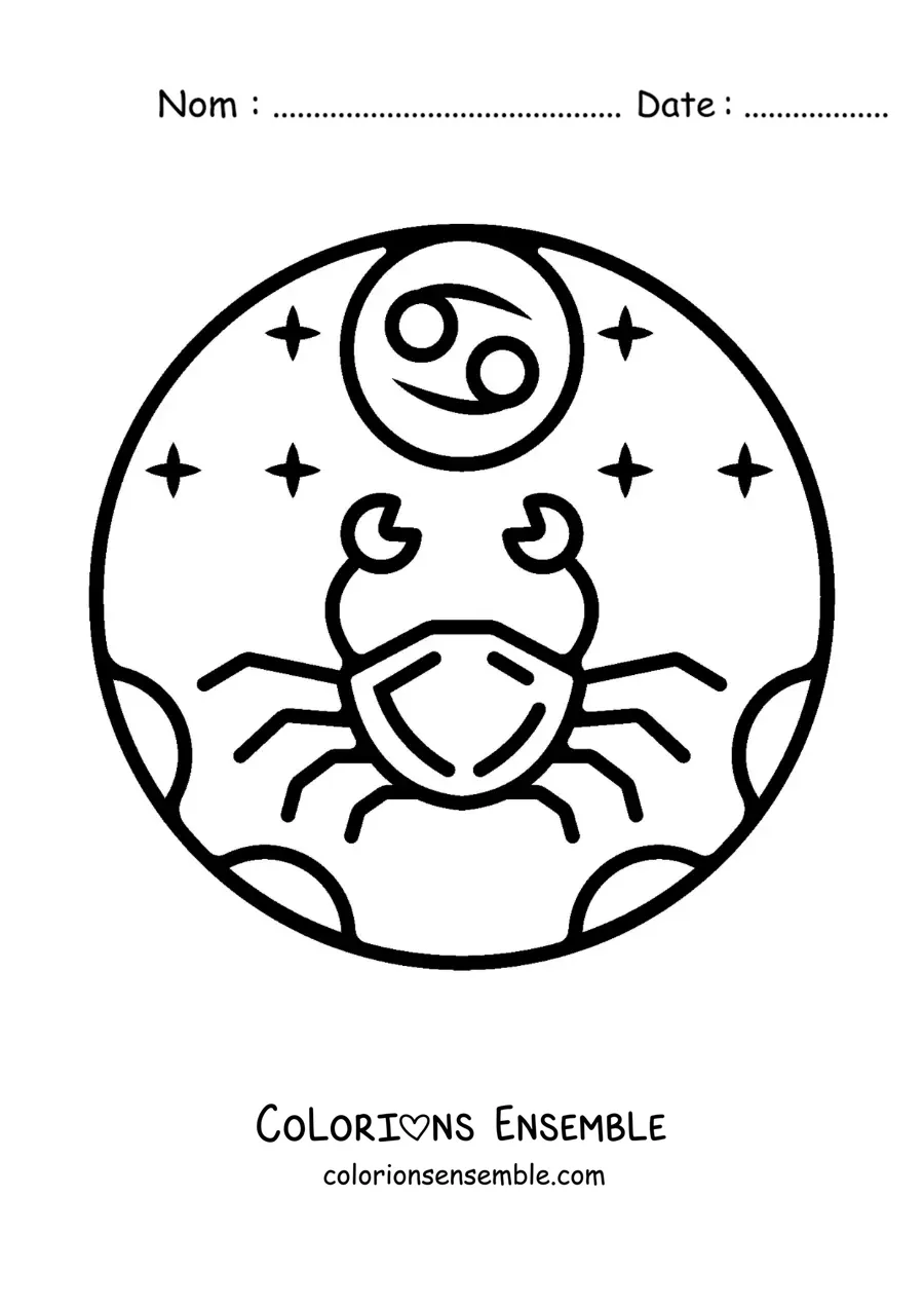 Image à colorier d’un crabe du signe du Cancer avec son symbole, facile