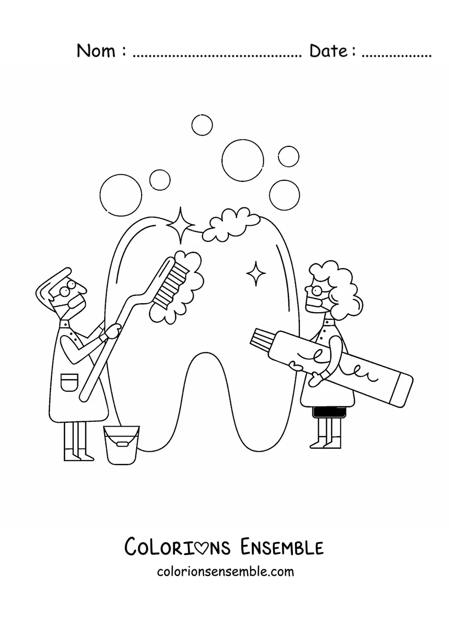 Image à colorier de deux dentistes nettoyant une dent géante