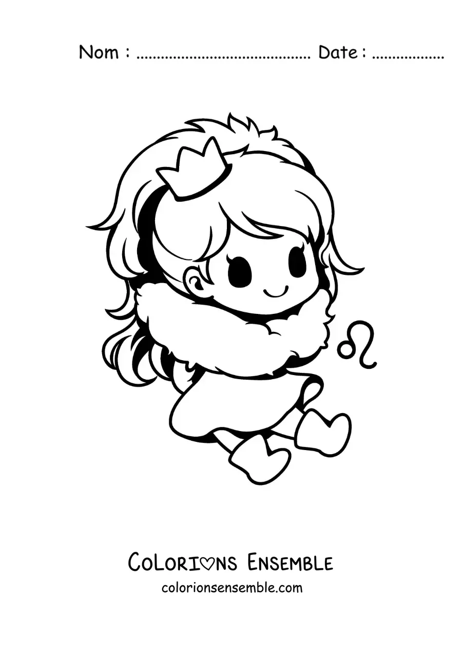 Image à colorier d’une fille kawaii du signe du Lion avec son symbole