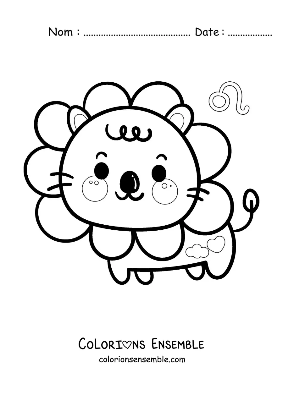 Image à colorier d’un lion kawaii animé du signe du Lion avec son symbole