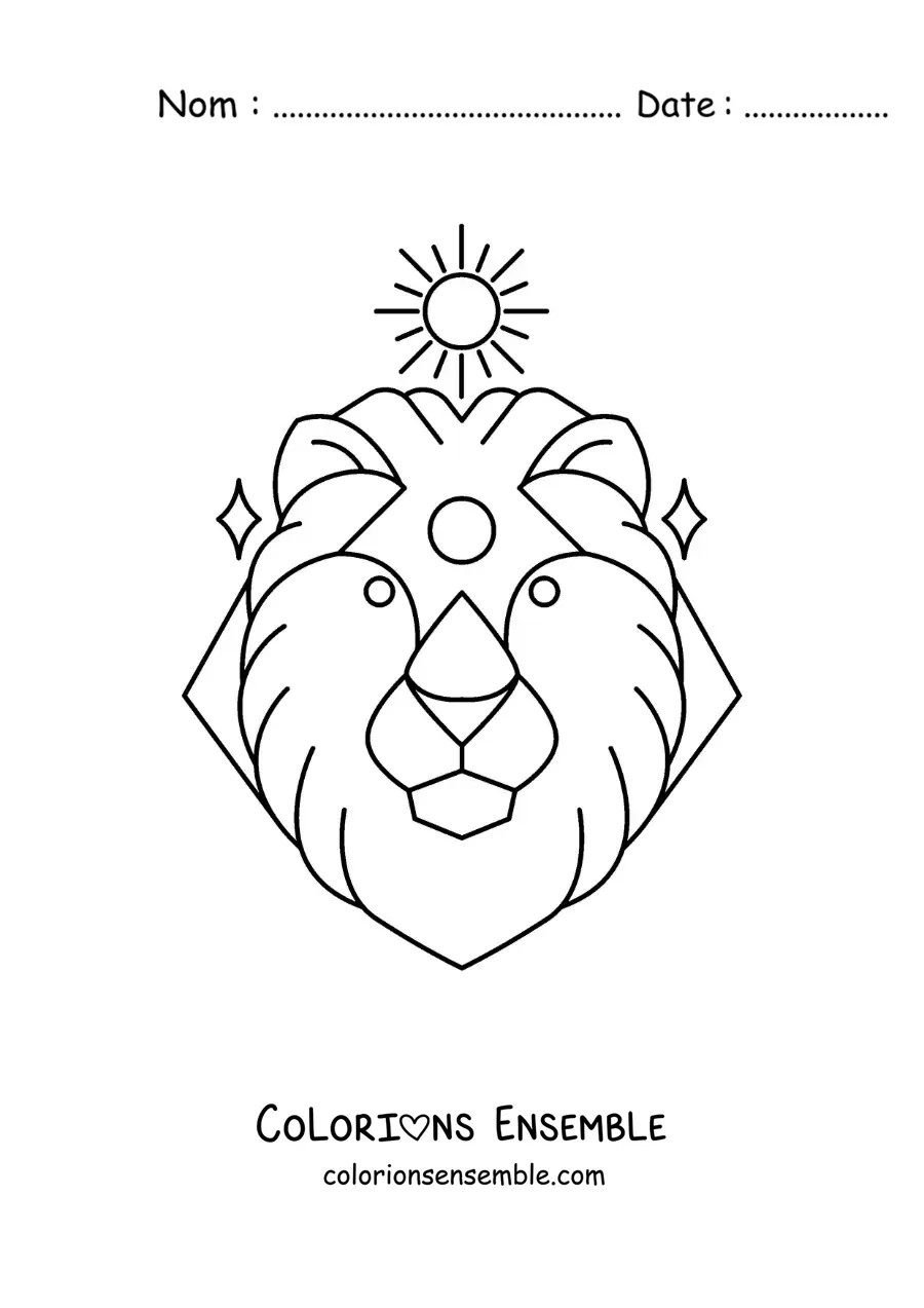 Image à colorier d’un lion du signe du zodiaque Lion avec un soleil