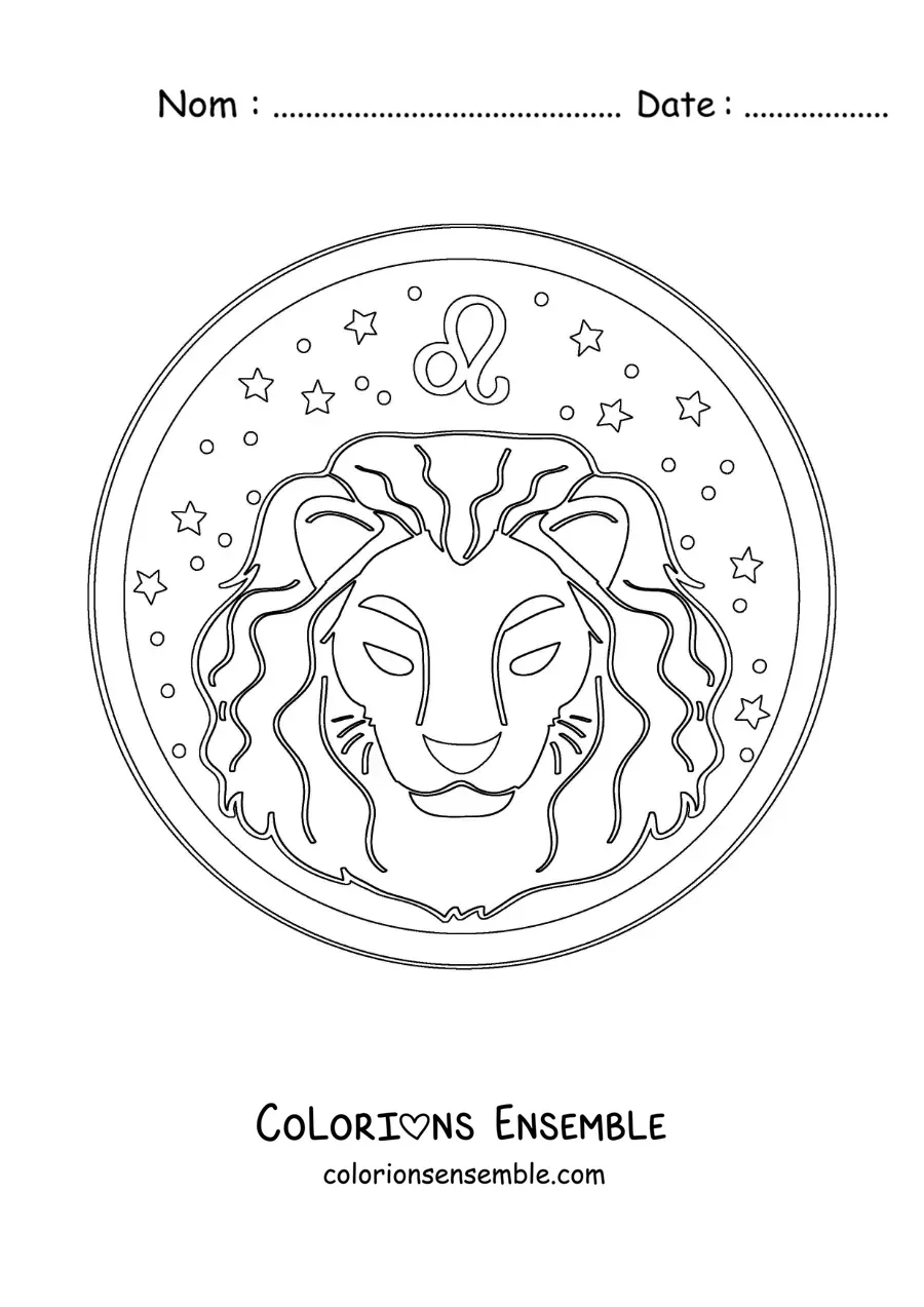 Image à colorier d’un lion du signe du zodiaque Lion avec son symbole et des étoiles