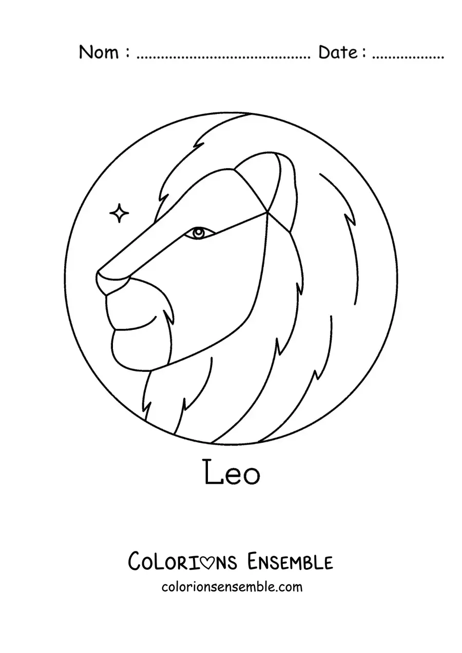 Image à colorier d’un lion du Lion avec le nom du signe