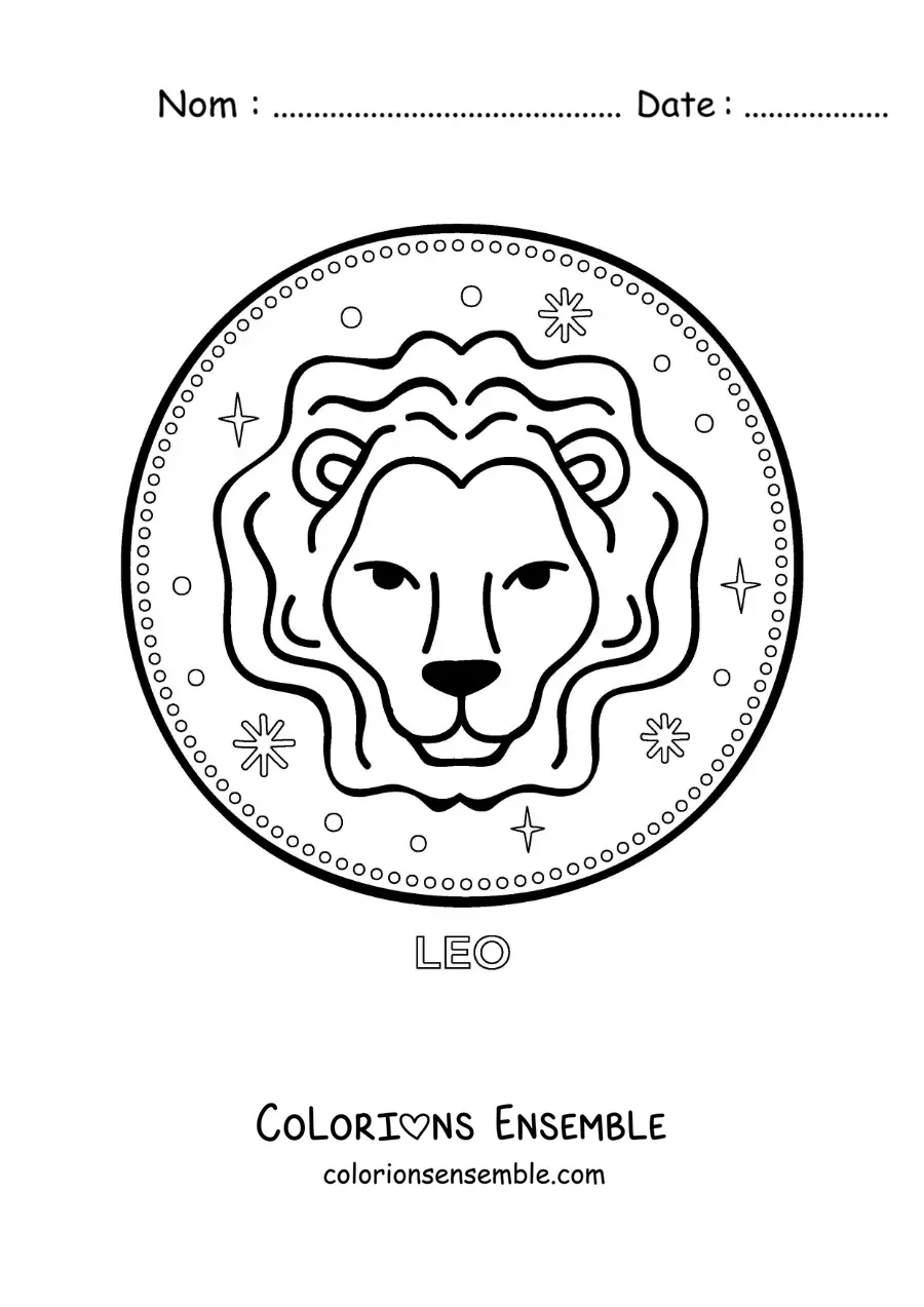 Image à colorier d’un lion du Lion animé avec le nom du signe et des étoiles