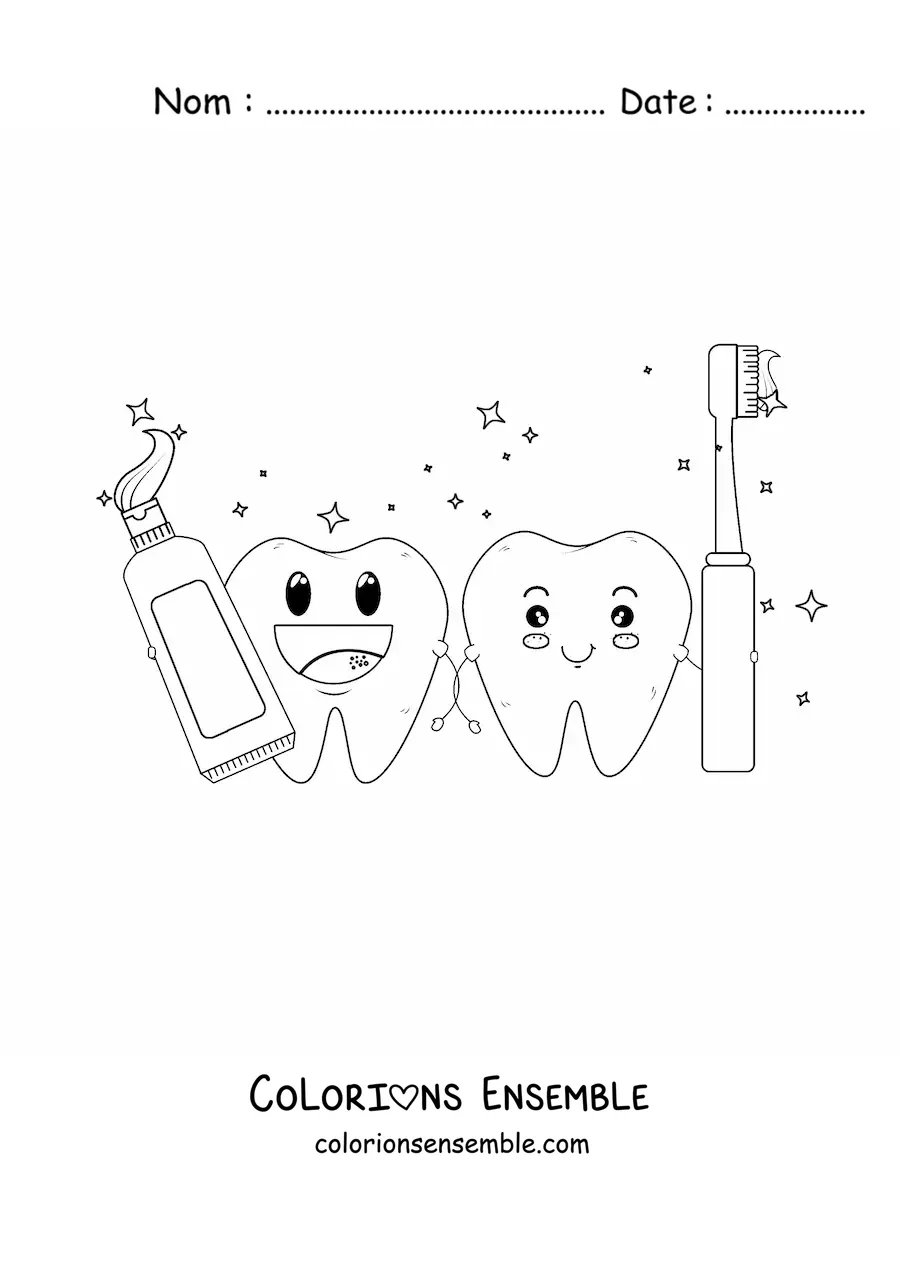 Image à colorier de deux dents en dessin animé tenant une brosse et un dentifrice