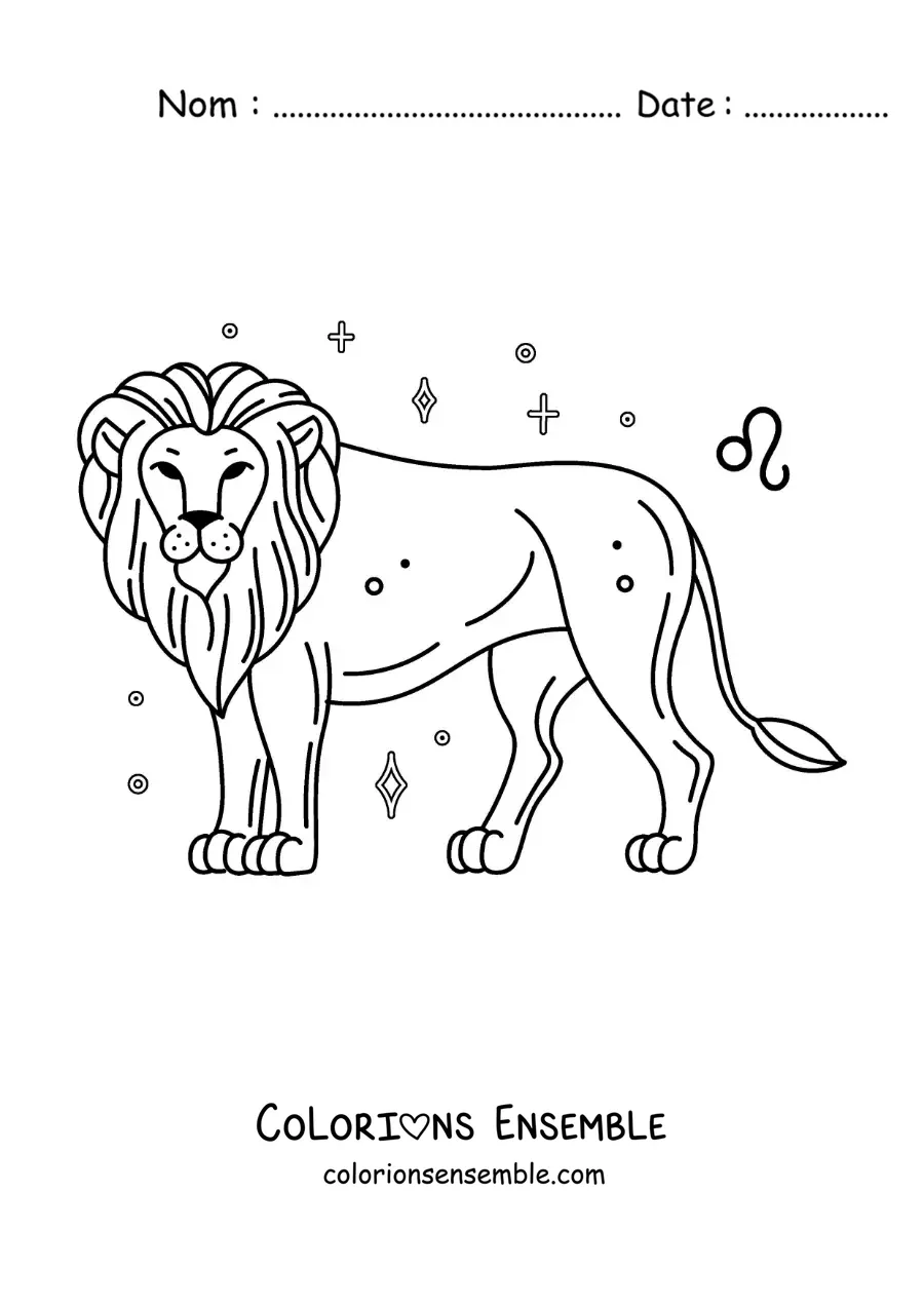 Image à colorier d’un lion du signe du Lion avec son symbole et des étoiles