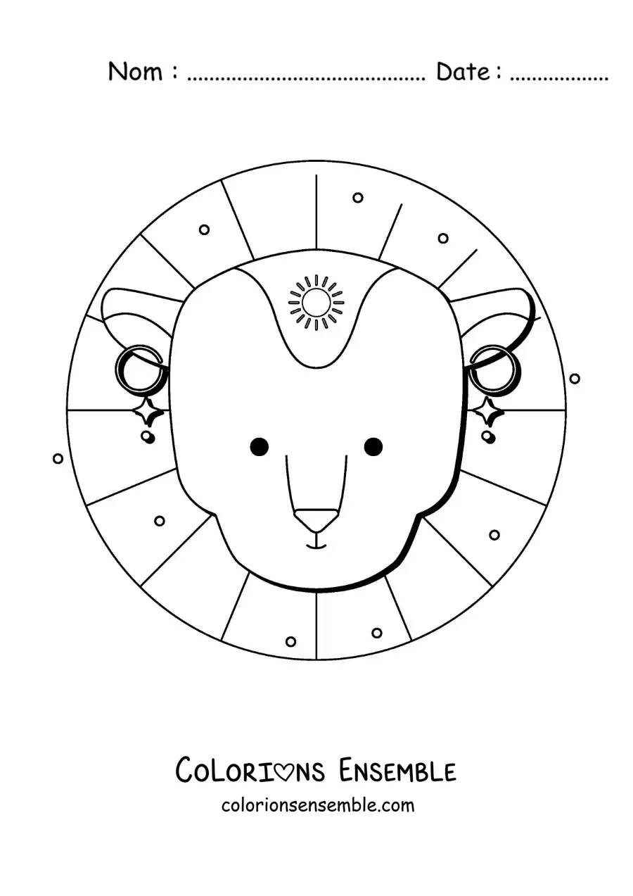 Image à colorier d’une tête de lion animée du signe du Lion avec un soleil
