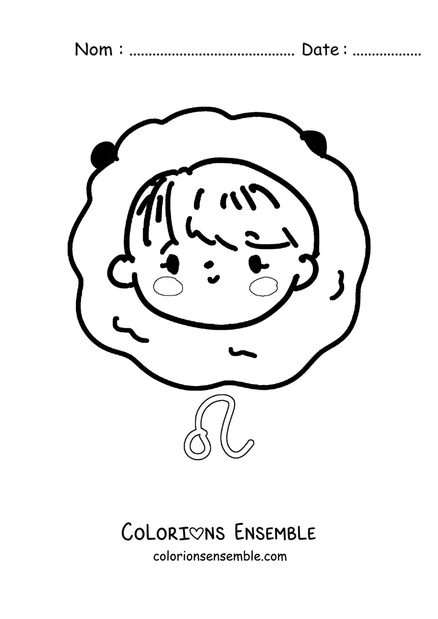 Image à colorier d’une fille kawaii du signe du Lion avec son symbole