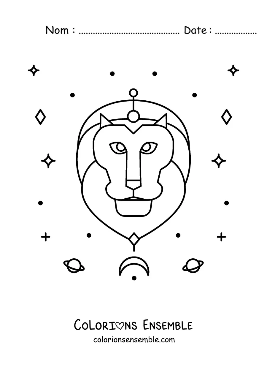 Image à colorier du lion du signe du Lion avec des étoiles et des astres