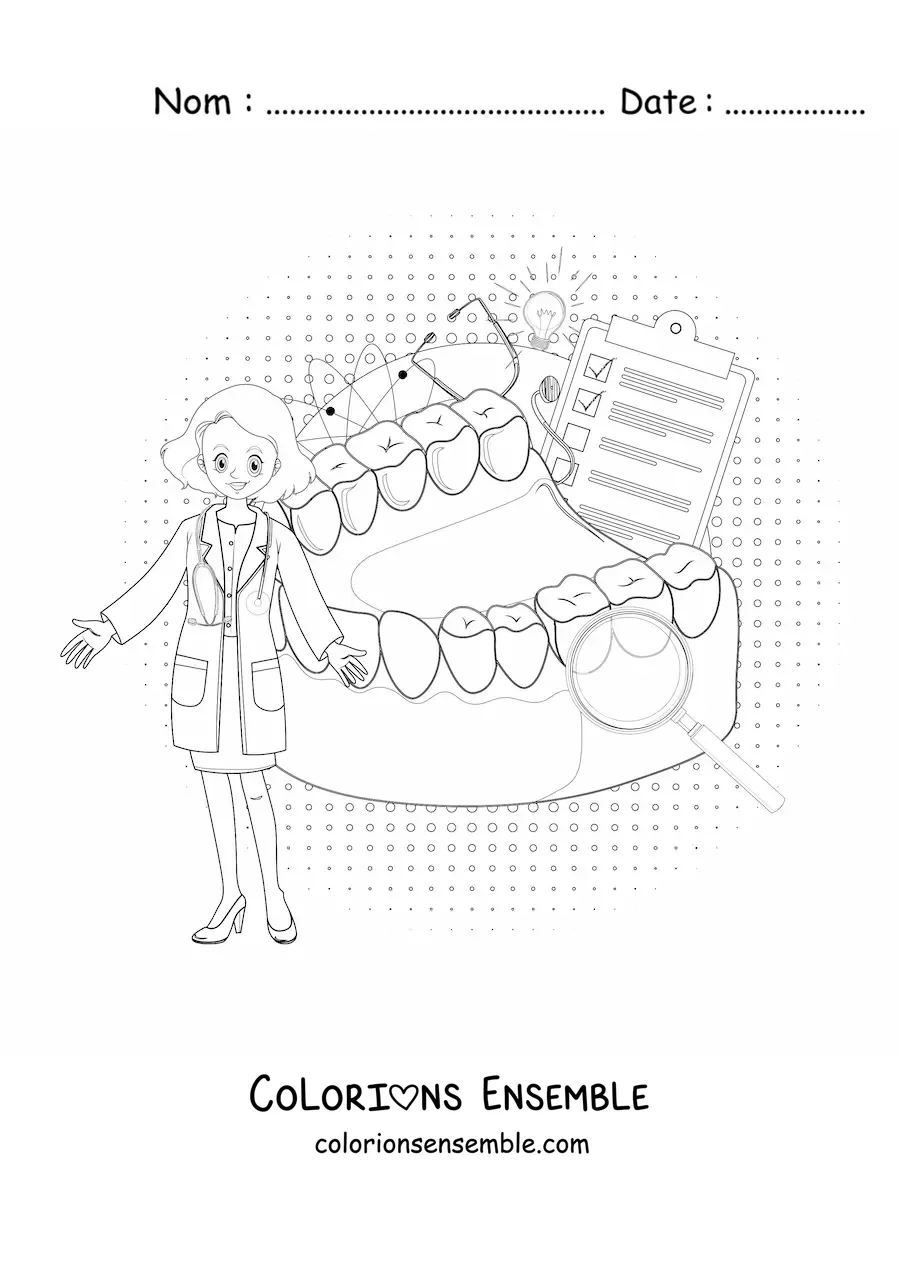 Image à colorier d’une dentiste avec des accessoires d’hygiène bucco-dentaire