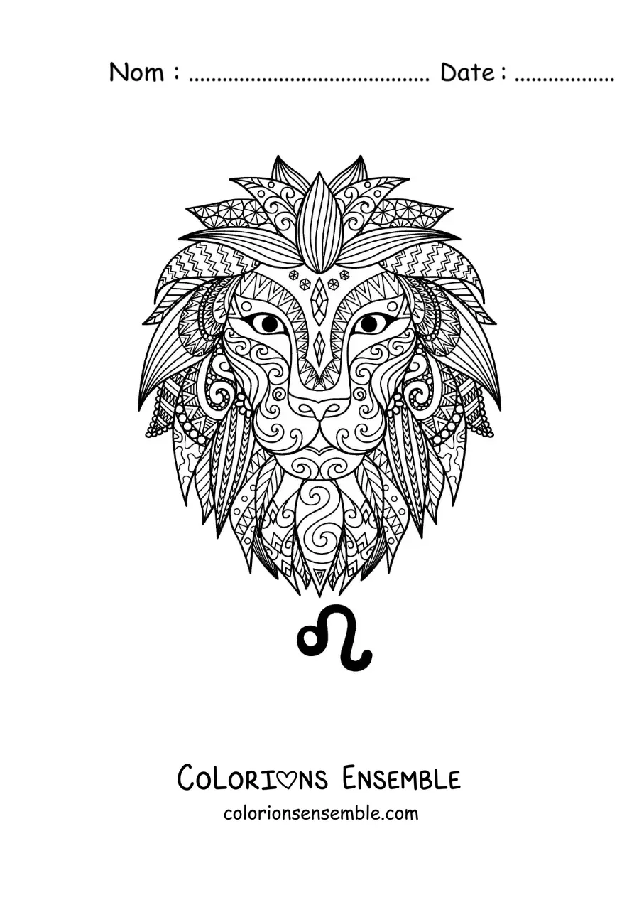 Image à colorier d’un mandala de lion du signe du Lion