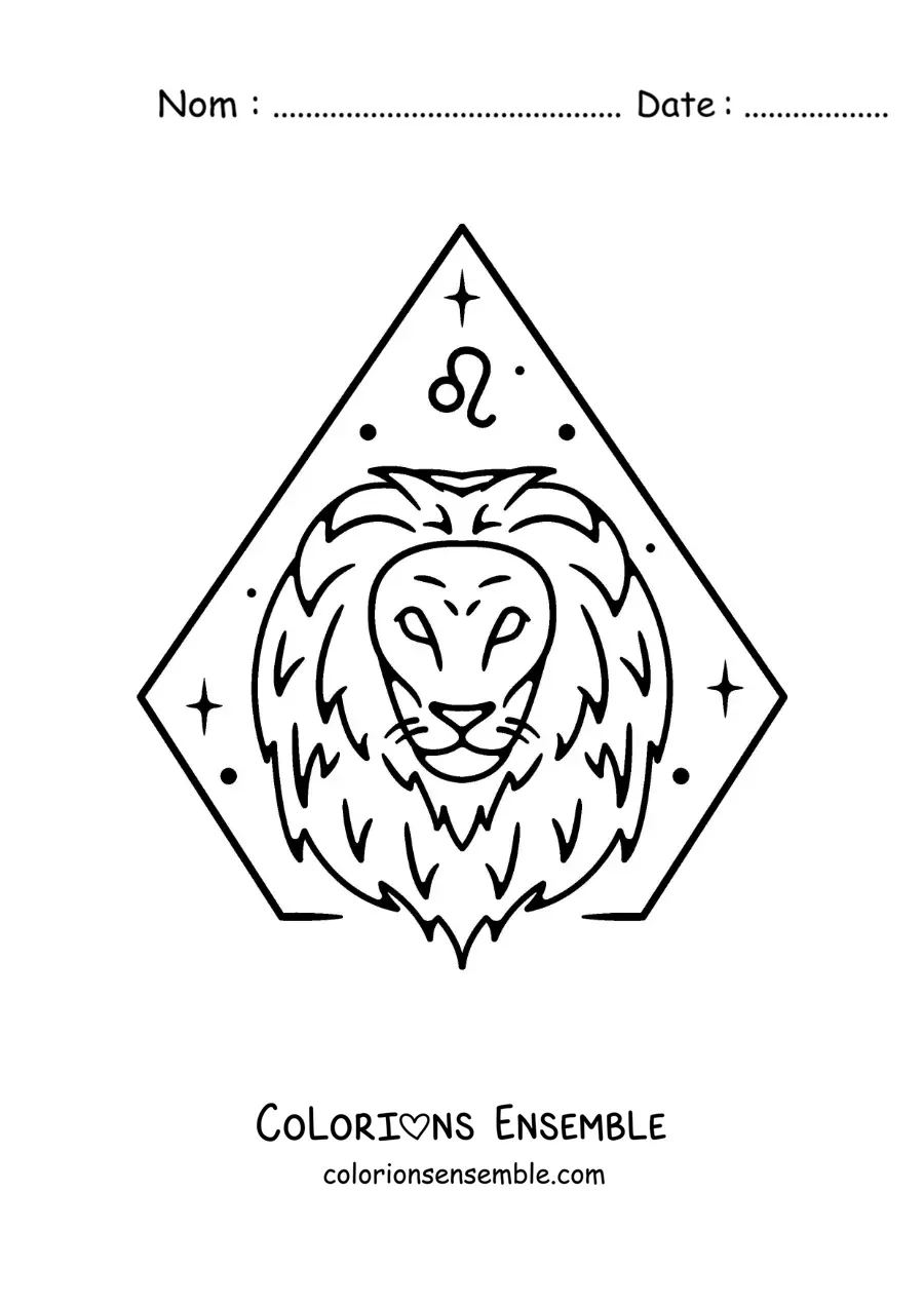 Image à colorier d’un lion du signe du zodiaque Lion, facile, avec son symbole et des étoiles