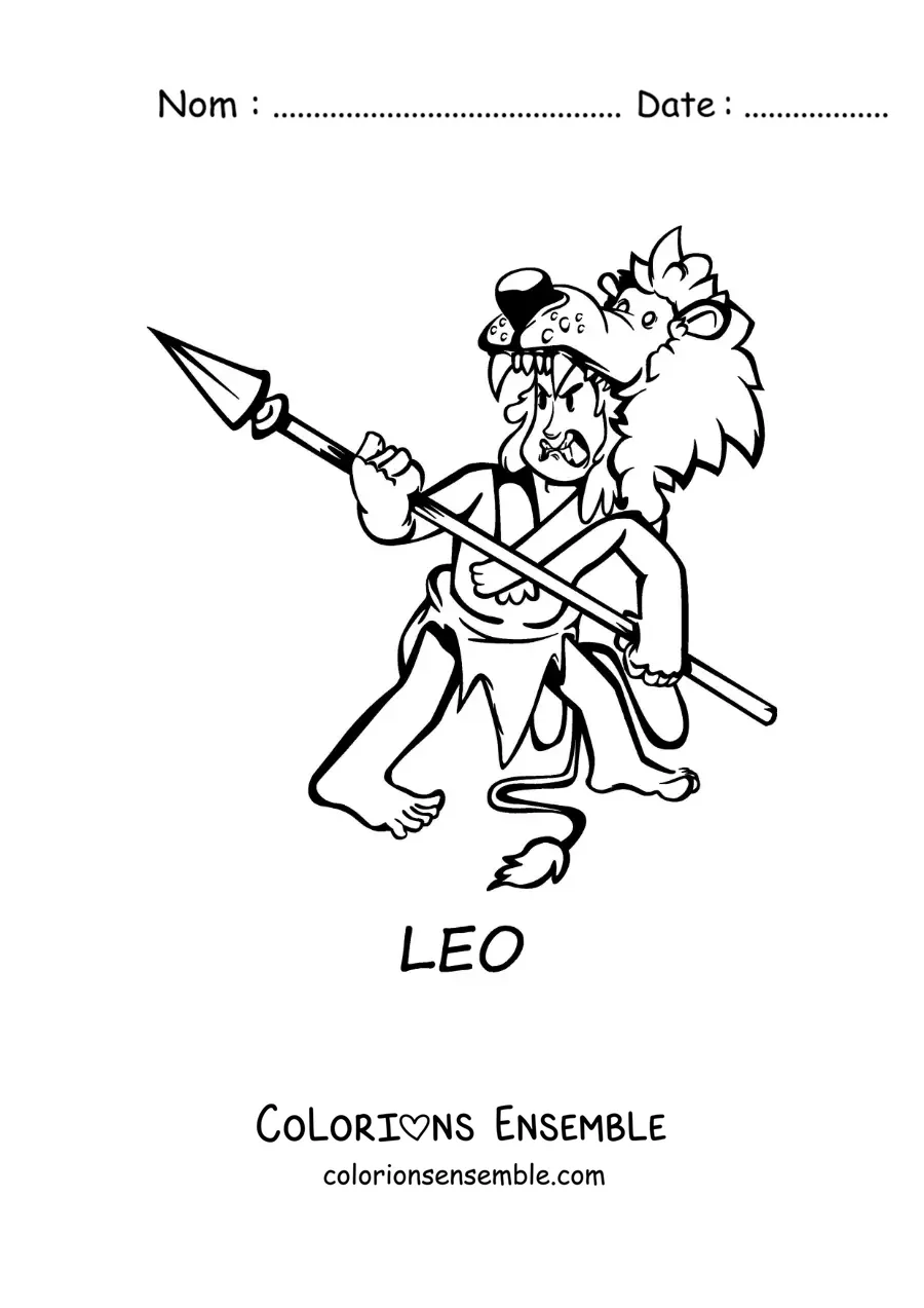 Image à colorier d’un homme des cavernes rigolo du signe du Lion