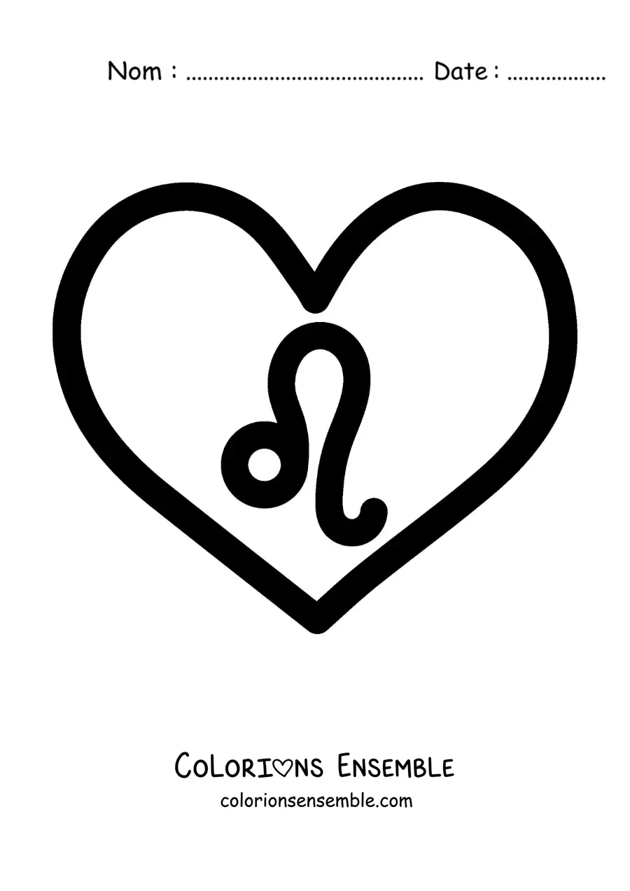 Image à colorier du symbole du signe du Lion dans un cœur