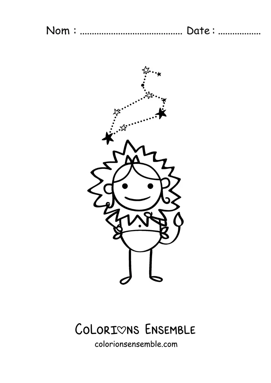 Image à colorier d’un personnage rigolo du signe du Lion avec sa constellation