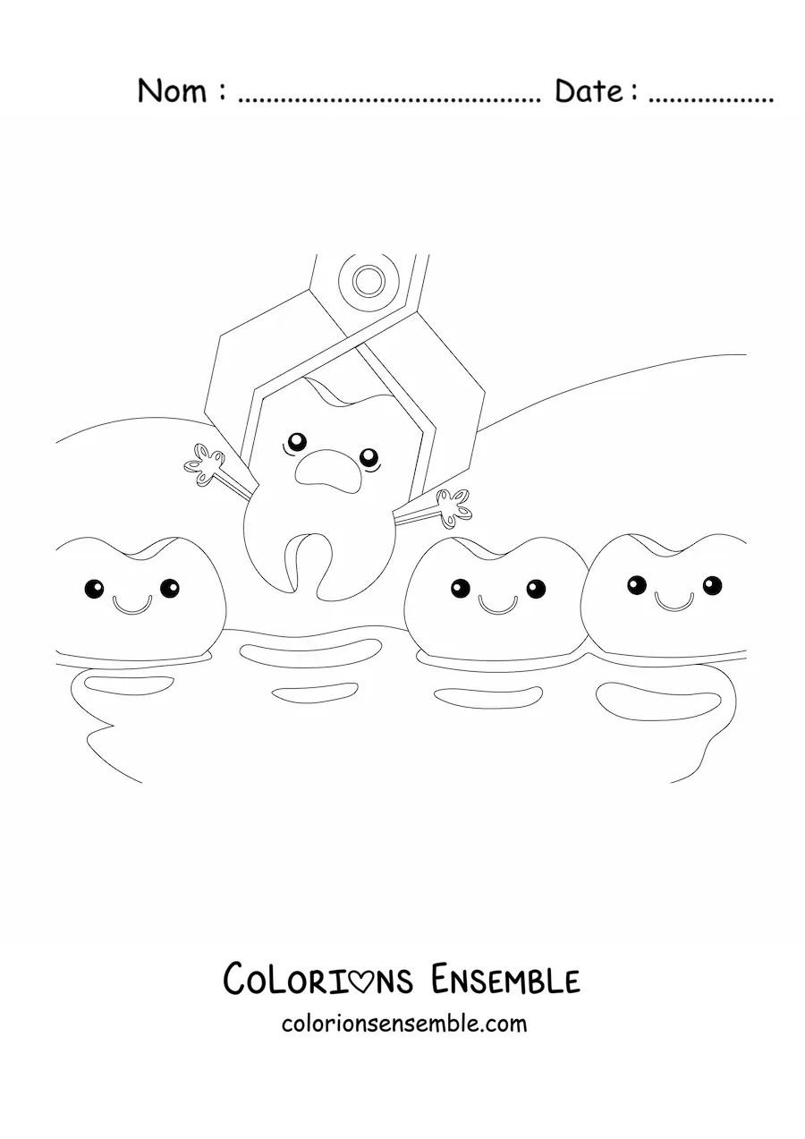 Image à colorier d’une dent kawaii en dessin animé que l’on extrait de la dentition