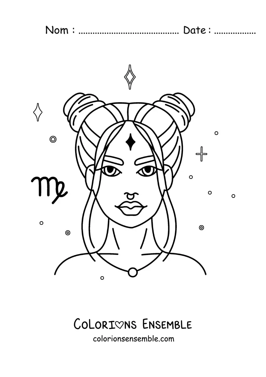 Image à colorier d’une femme du signe de la Vierge avec des étoiles et son symbole