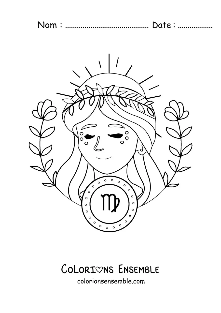 Image à colorier d’une belle femme animée du signe de la Vierge avec son symbole et des fleurs