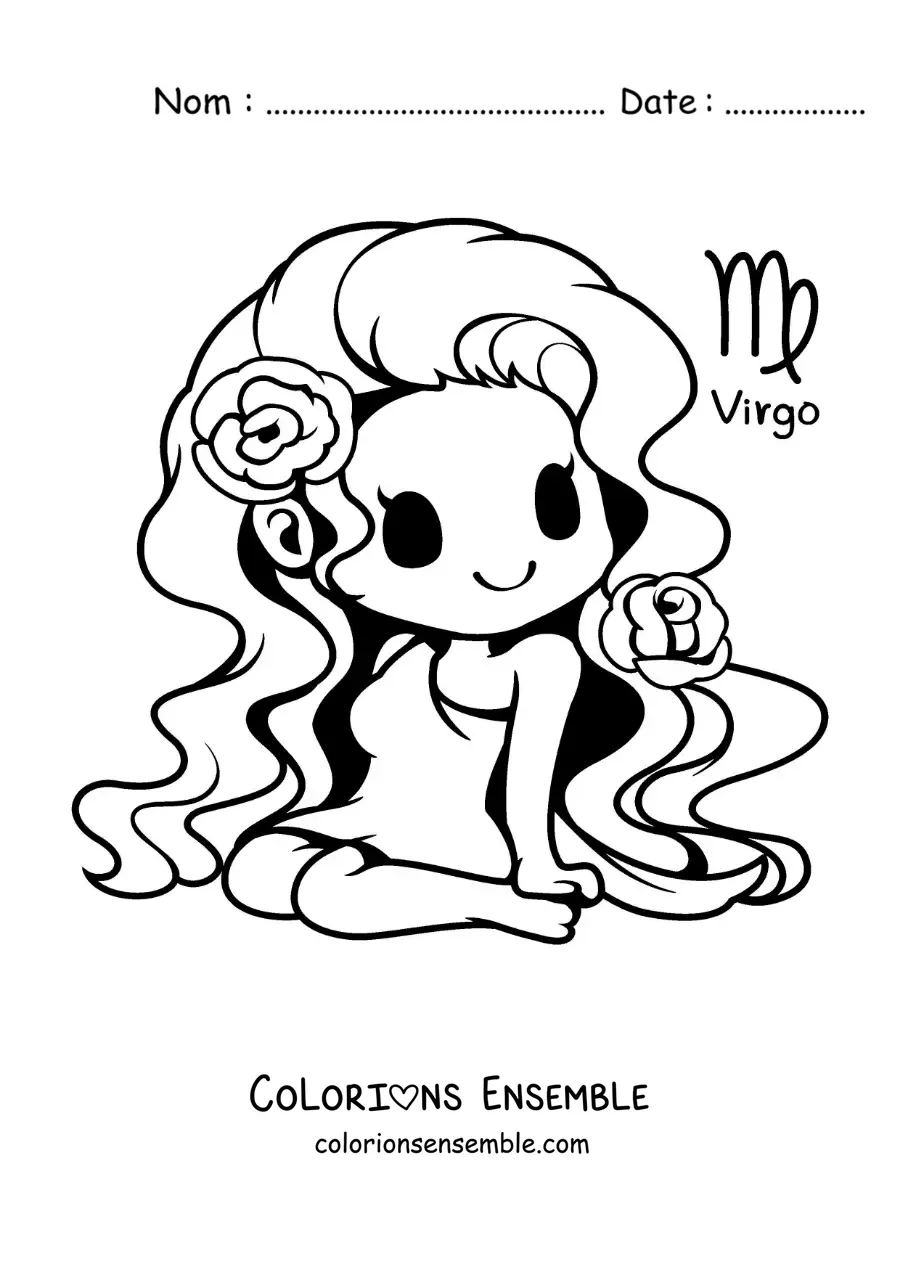 Image à colorier d’une fille kawaii du signe de la Vierge avec son symbole
