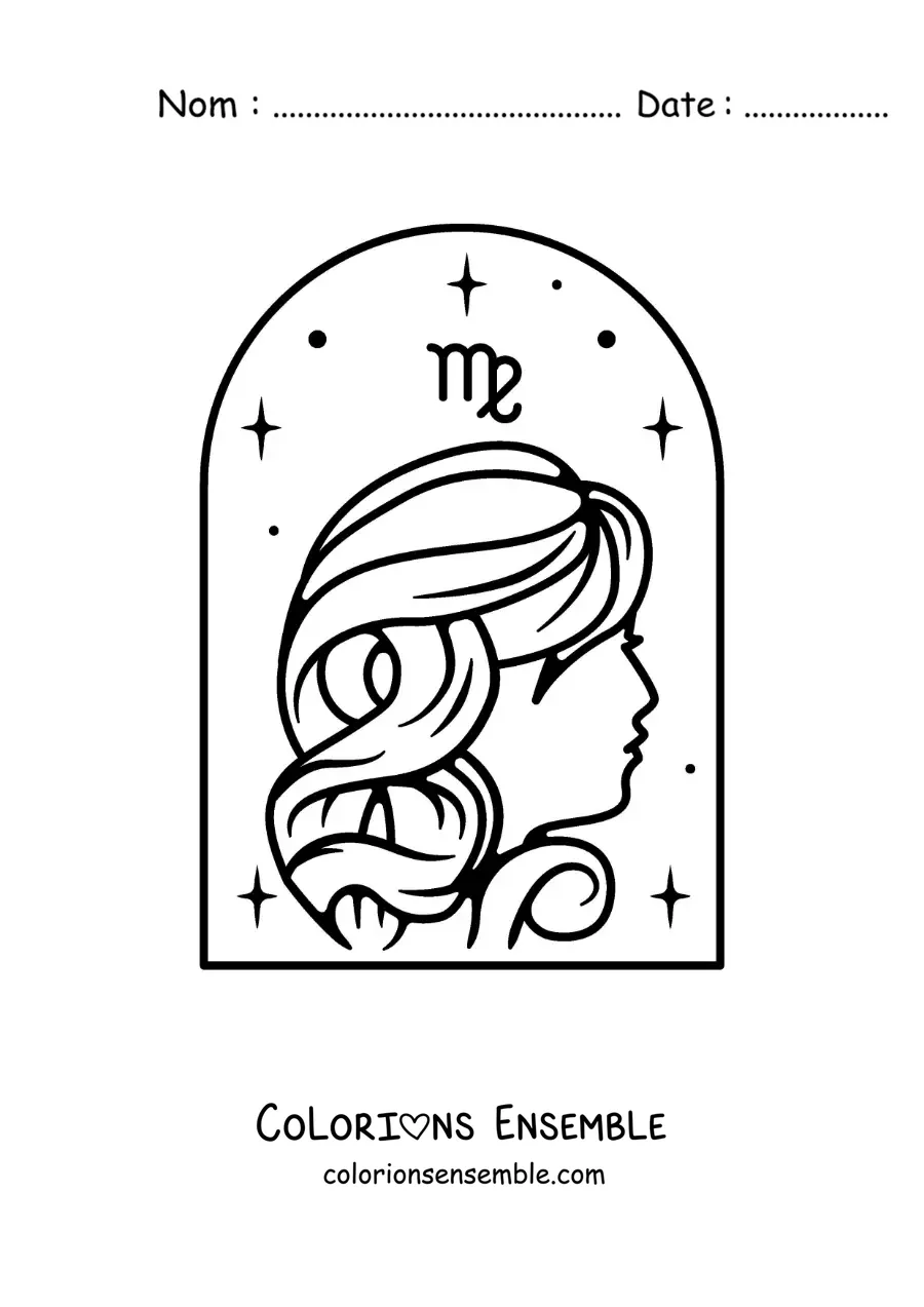 Image à colorier d’une fille du signe de la Vierge avec son symbole et des étoiles