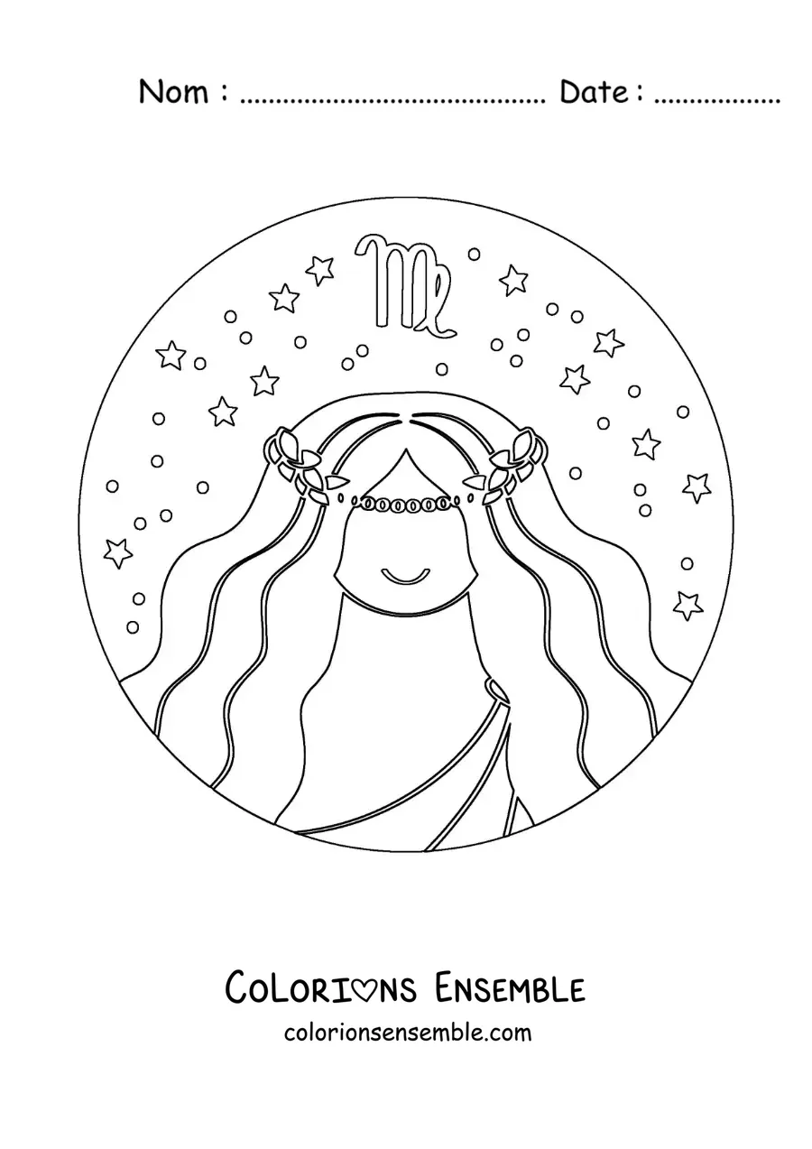 Image à colorier d’une femme animée du signe de la Vierge avec des étoiles