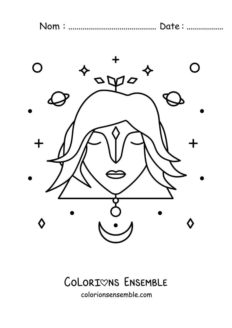 Image à colorier du signe de la Vierge avec des étoiles et des astres