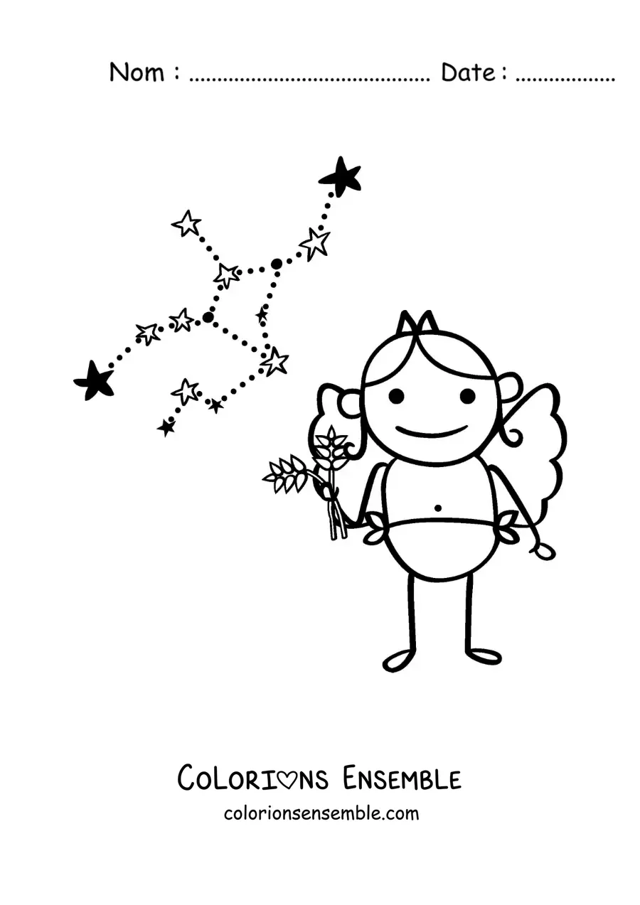 Image à colorier d’un personnage rigolo du signe de la Vierge avec sa constellation