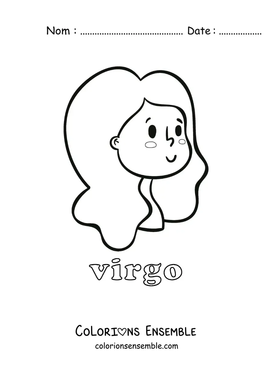 Image à colorier d’une fille animée avec le nom du signe de la Vierge
