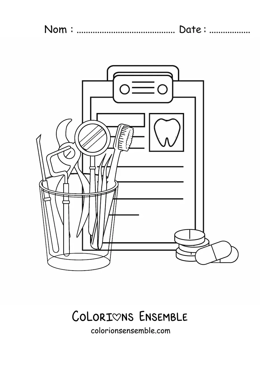 Image à colorier des instruments du dentiste