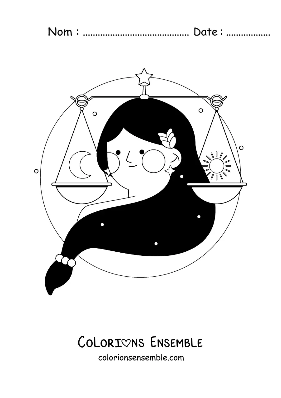 Image à colorier d’une femme du signe du zodiaque Balance avec son symbole