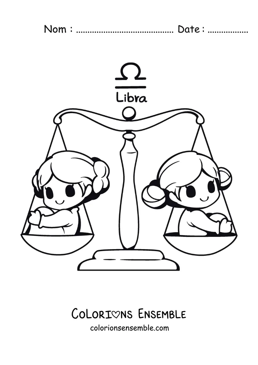 Image à colorier du symbole du signe de la Balance avec deux filles kawaii animées