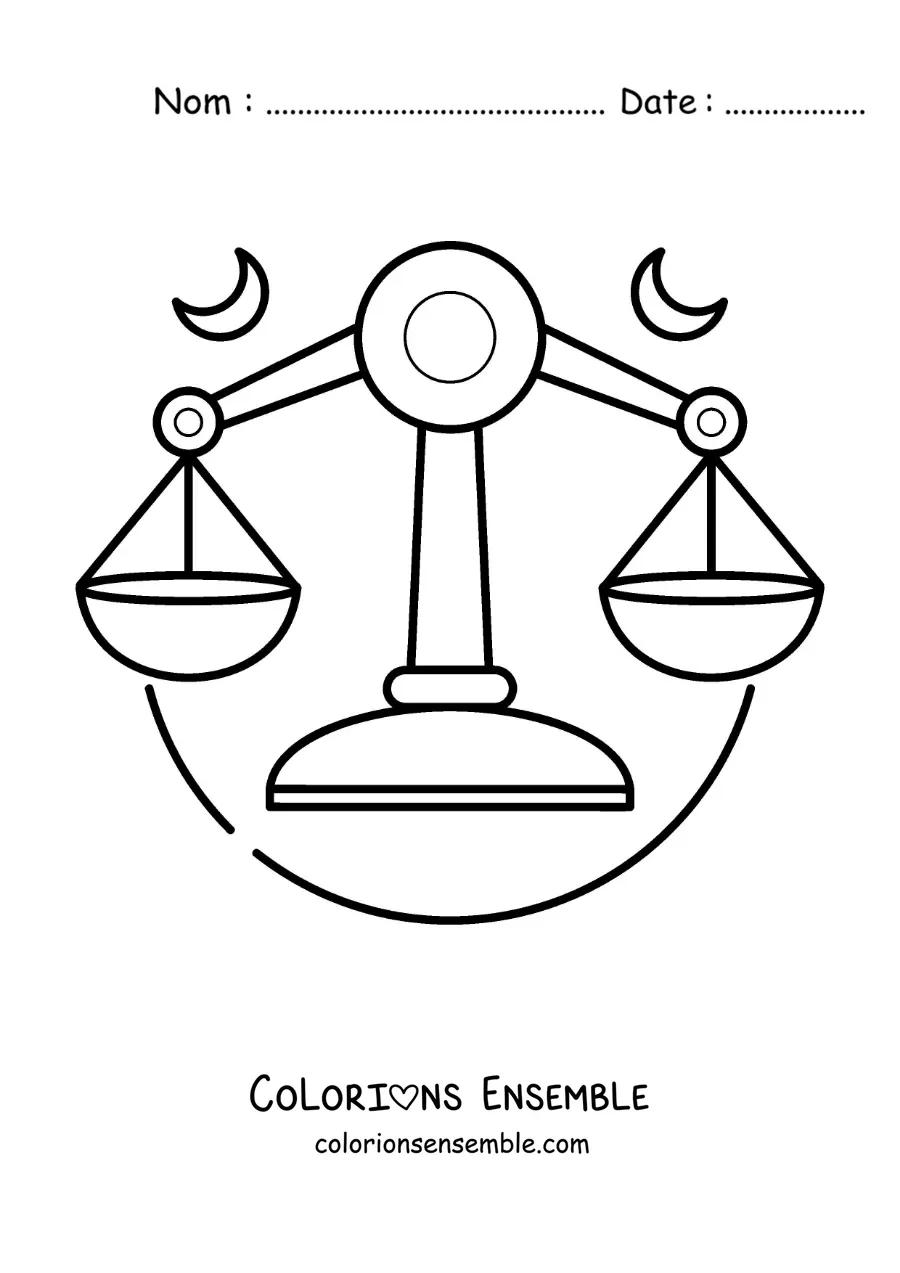 Image à colorier d’une balance du signe de la Balance avec deux lunes