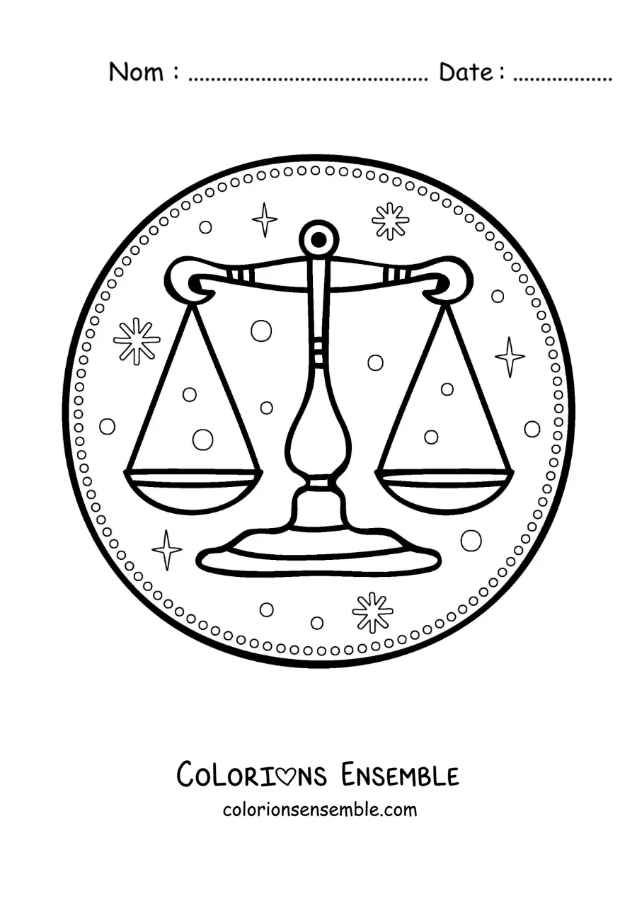 Image à colorier d’une balance du signe de la Balance avec des étoiles