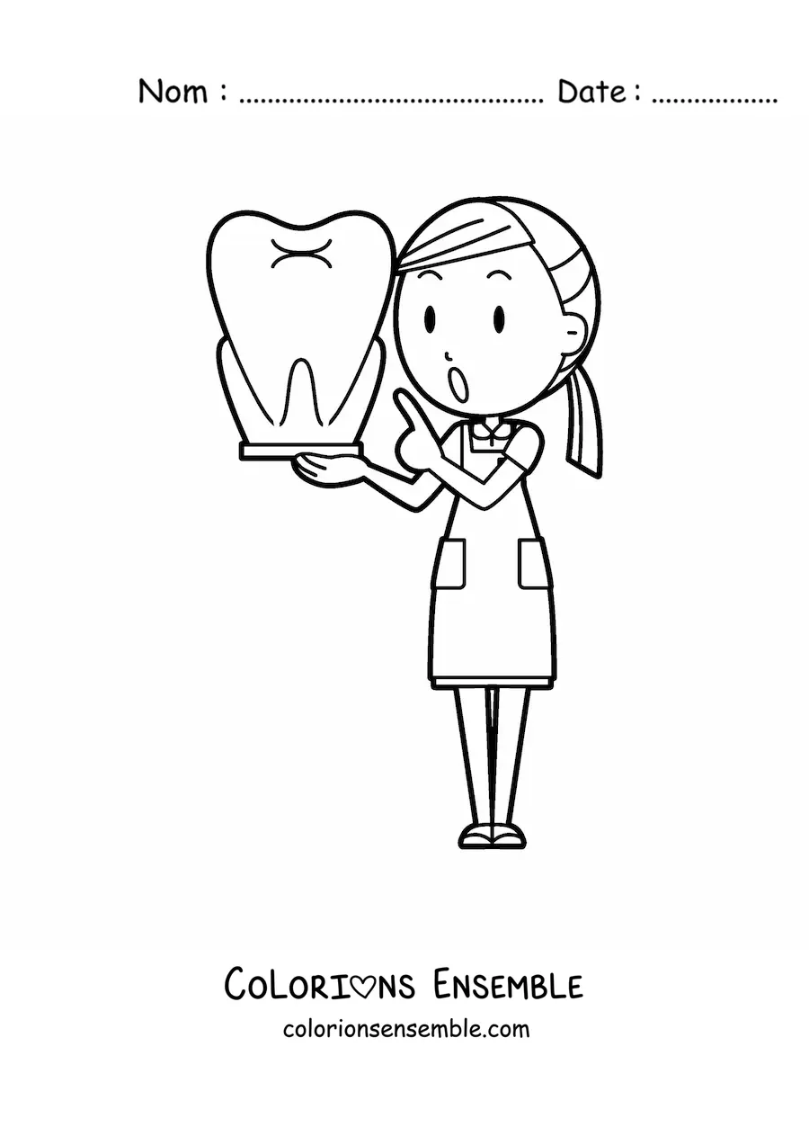 Image à colorier d’une dentiste tenant une dent géante