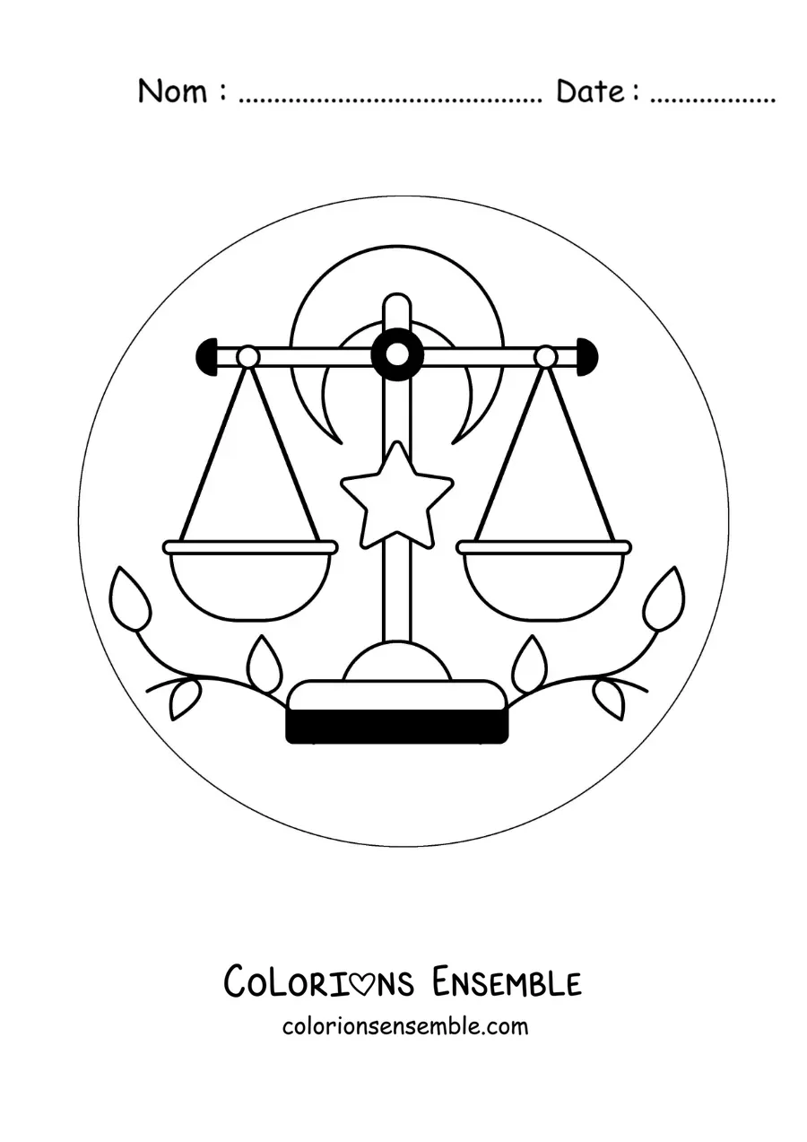 Image à colorier du symbole du signe du zodiaque Balance animé avec des astres