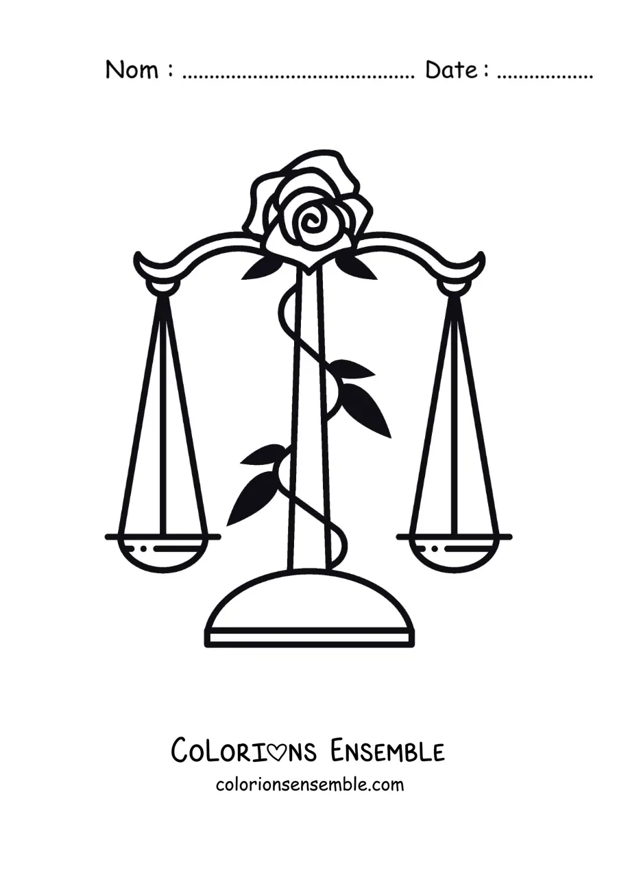 Image à colorier d’une balance du signe de la Balance avec une rose