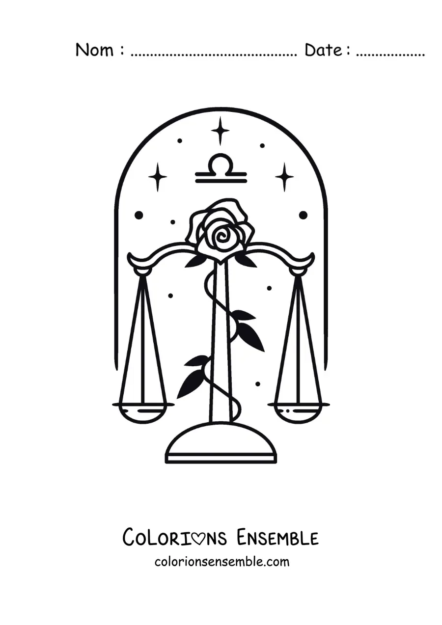 Image à colorier du symbole de la Balance avec une rose