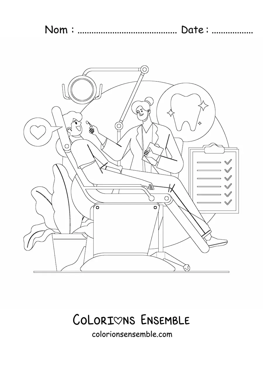 Image à colorier d’une dentiste et d’un patient dans le cabinet dentaire