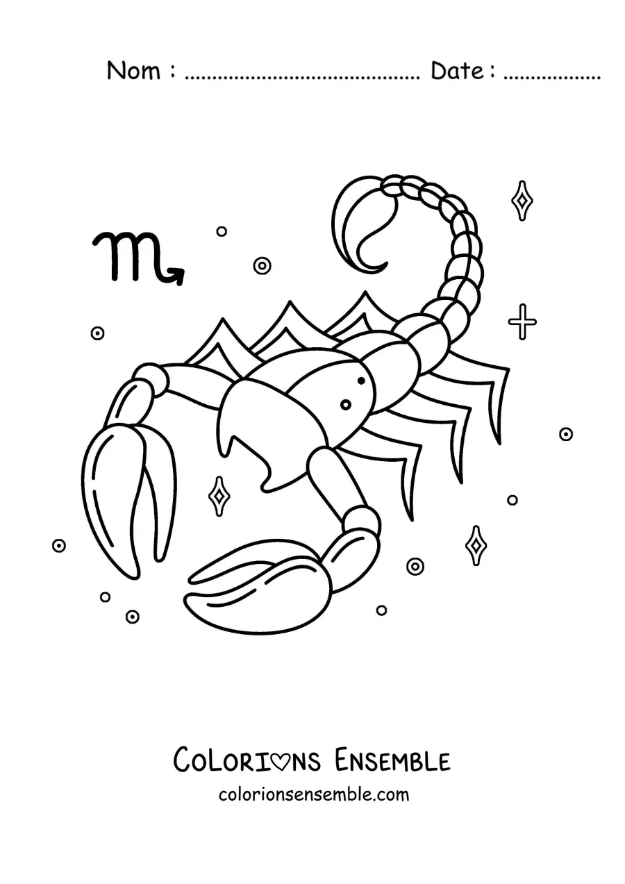 Image à colorier d’un scorpion du signe du Scorpion avec son symbole et des étoiles