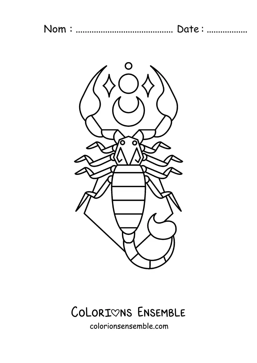 Image à colorier d’un scorpion du signe du zodiaque Scorpion avec une lune