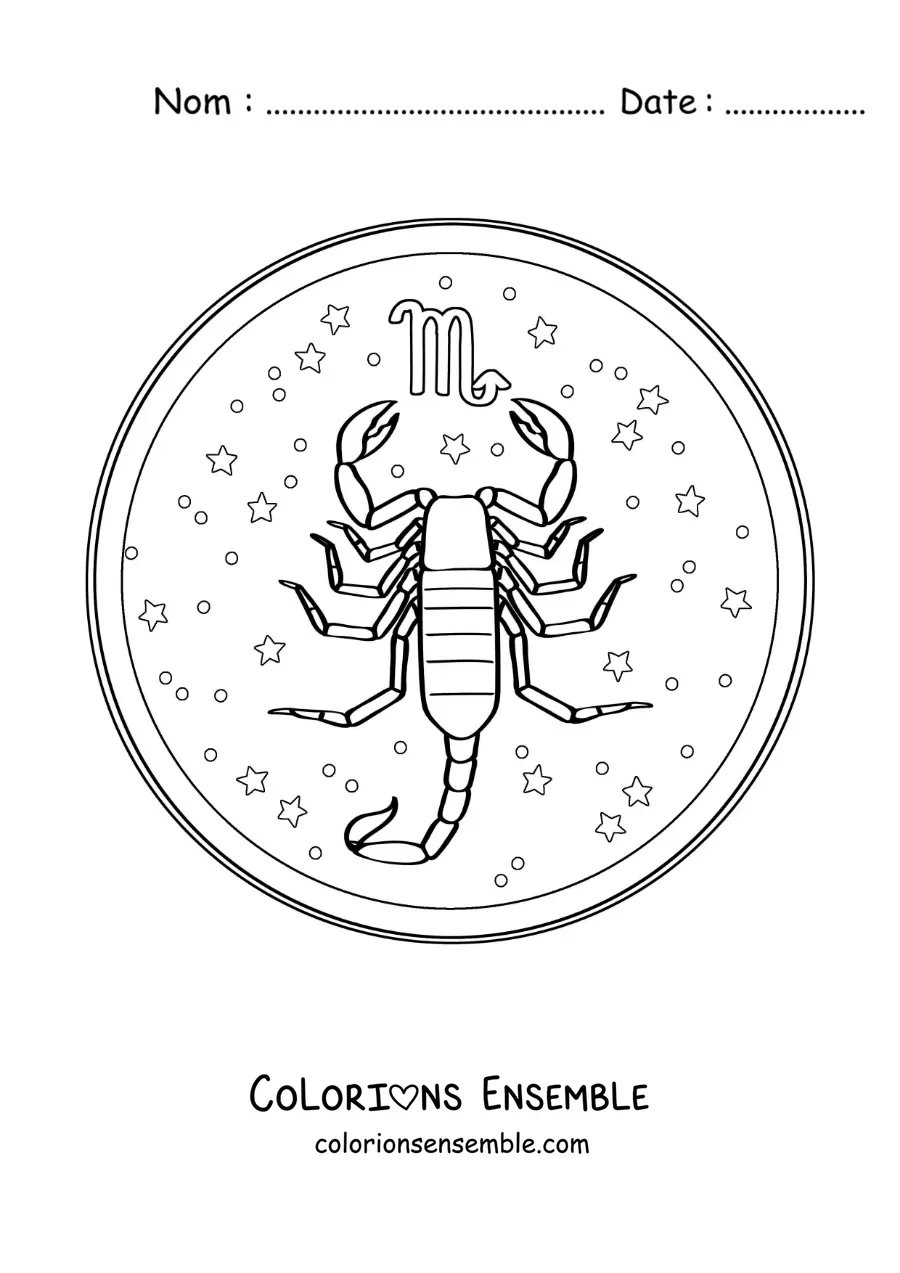 Image à colorier du signe du zodiaque Scorpion avec son symbole et des étoiles
