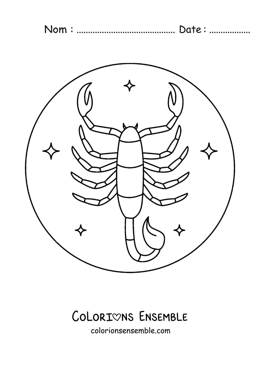 Image à colorier d’un scorpion du signe du Scorpion avec des étoiles