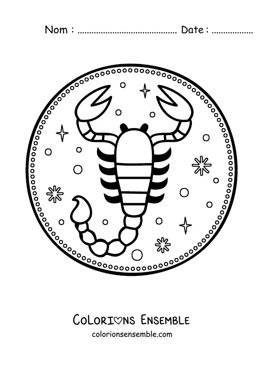 Image à colorier facile du symbole du Scorpion avec des étoiles