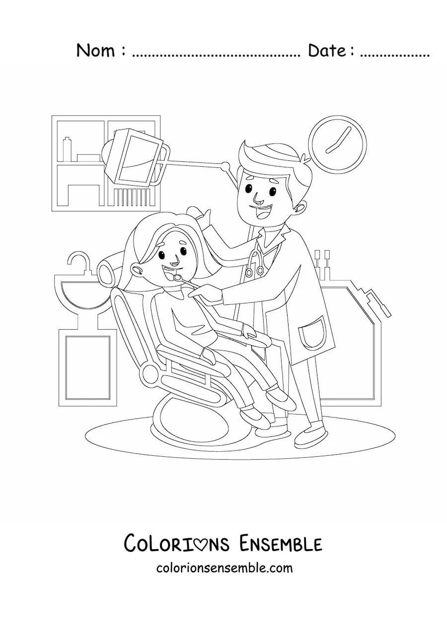 Image à colorier d’un dentiste et d’une patiente heureuse dans le cabinet