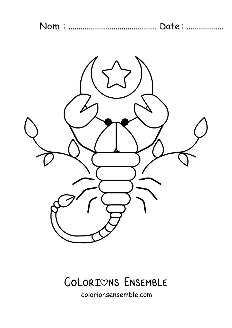 Image à colorier du signe du Scorpion animé avec une lune et des feuilles