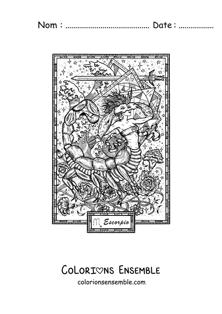 Image à colorier d’une carte du signe du Scorpion