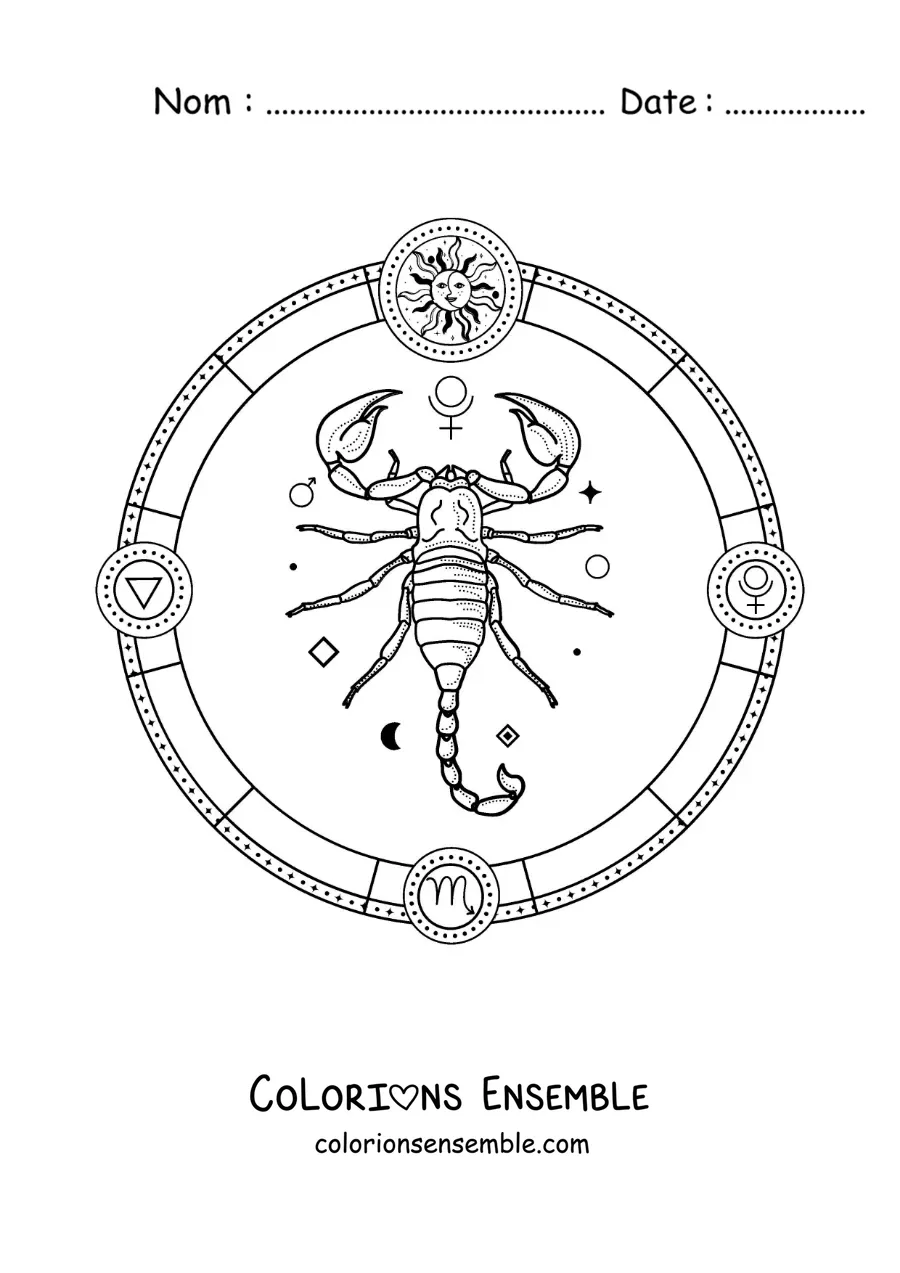 Image à colorier du signe astrologique du Scorpion avec ses symboles