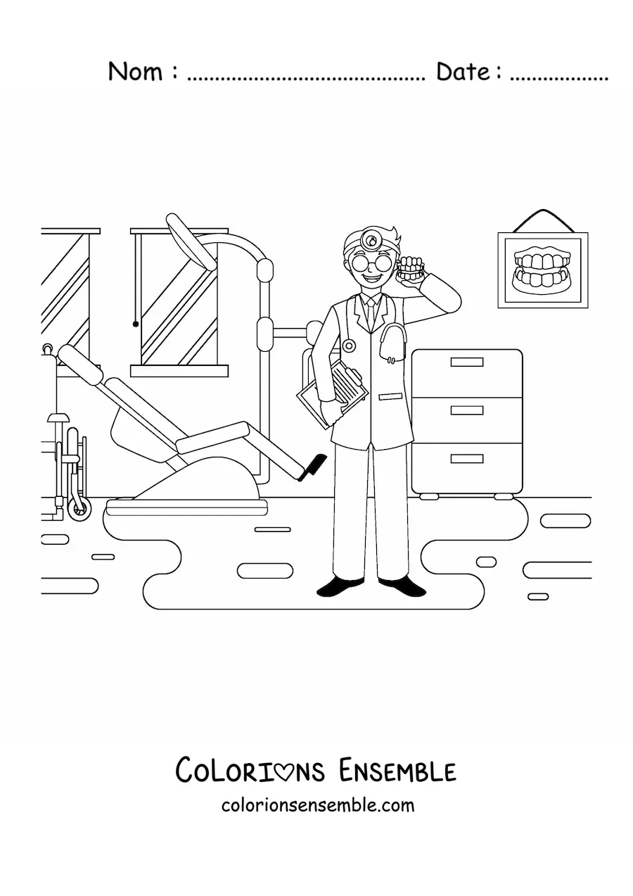 Image à colorier d’un dentiste dans le cabinet dentaire