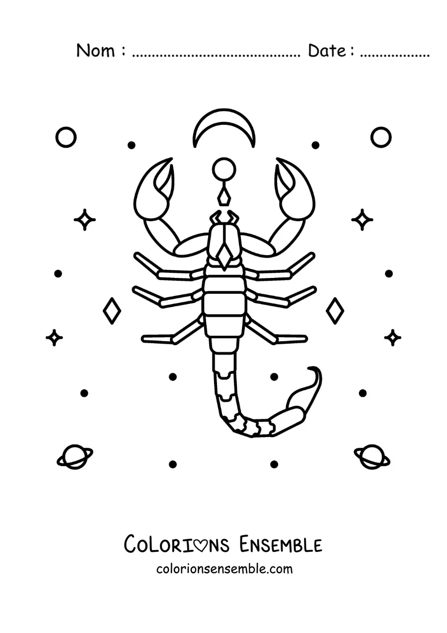 Image à colorier du symbole du Scorpion avec des astres