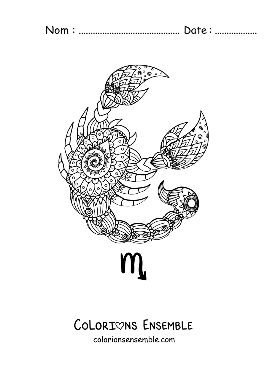 Image à colorier d’un mandala du signe du Scorpion
